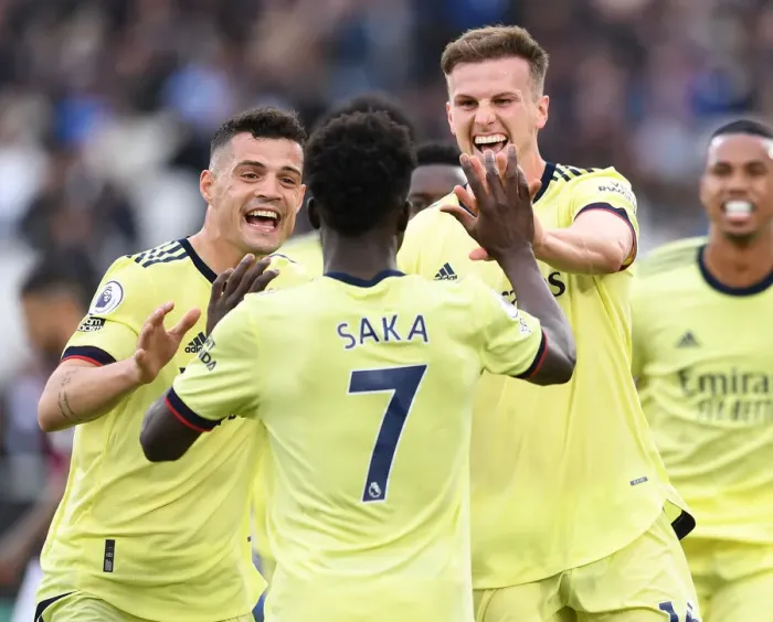 Framed Print : Rousing Moment: Holding and Xhaka Celebrate Arsenal's Goal Against West Ham United (May 2022) Framed Print : Rousing Moment: Holding and Xhaka Celebrate Arsenal's Goal Against West Ham United (May 2022)