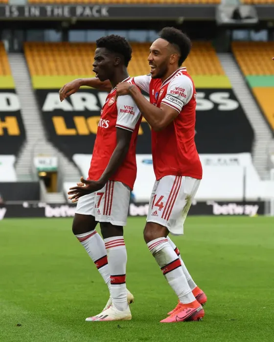 Framed Print : Saka and Aubameyang Celebrate Goal: Wolverhampton Wanderers vs. Arsenal FC, Premier League 2019-2020