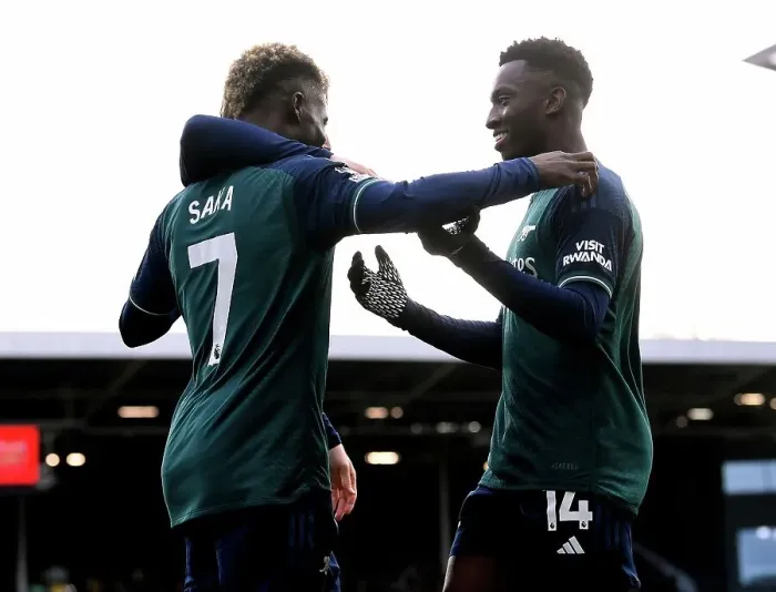 Framed Print : Saka and Nketiah Celebrate Arsenal's First Goal Against Fulham (2023-24) Framed Print : Saka and Nketiah Celebrate Arsenal's First Goal Against Fulham (2023-24)
