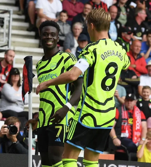 Framed Print : Saka and Odegaard Celebrate Arsenal's First Goal Against AFC Bournemouth (2023-24) Framed Print : Saka and Odegaard Celebrate Arsenal's First Goal Against AFC Bournemouth (2023-24)