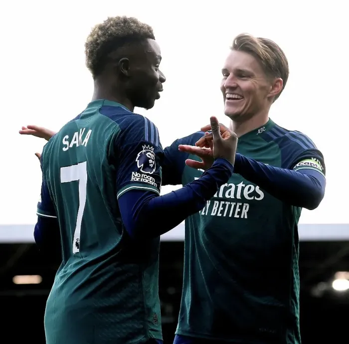 Framed Print : Saka and Odegaard Celebrate Arsenal's First Goal Against Fulham (2023-24) Framed Print : Saka and Odegaard Celebrate Arsenal's First Goal Against Fulham (2023-24)