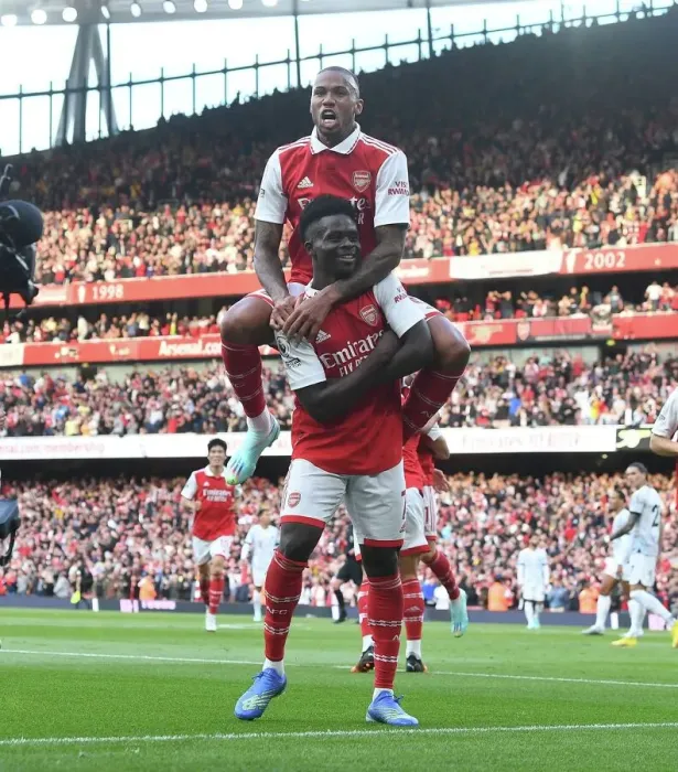 Framed Print : Saka Scores Again: Bukayo Celebrates with Gabriel vs. Liverpool in the 2022-23 Premier League Framed Print : Saka Scores Again: Bukayo Celebrates with Gabriel vs. Liverpool in the 2022-23 Premier League