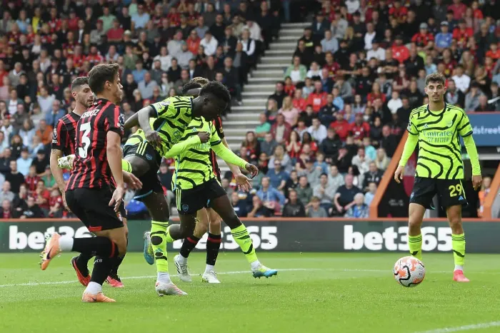 Framed Print : Saka Scores First: Arsenal Triumphs Over Bournemouth in 2023-24 Premier League