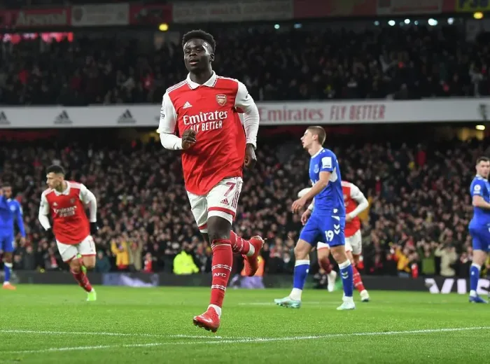 Framed Print : Saka Scores First: Arsenal Triumphs Over Everton in Premier League Clash