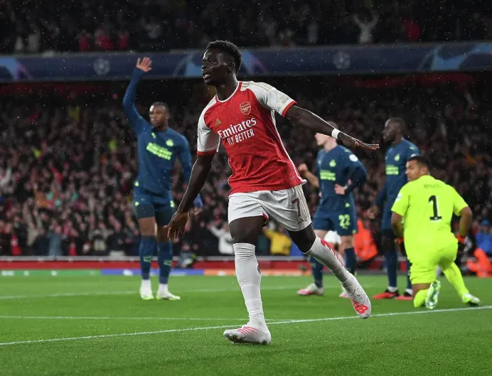 Framed Print : Saka Scores First Champions League Goal: Arsenal Claims Victory Over PSV Eindhoven (2023-24)