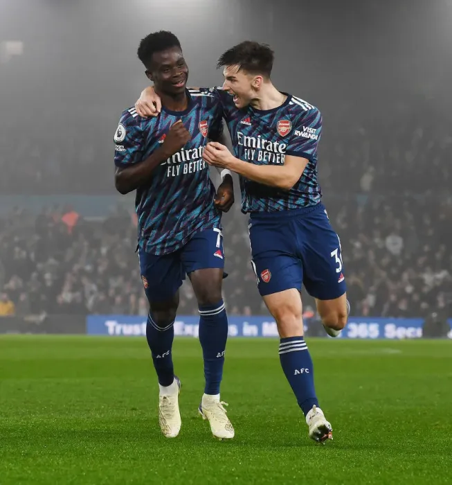 Framed Print : Saka and Tierney Celebrate Arsenal's 3rd Goal vs Leeds United (Premier League 2021-22) Framed Print : Saka and Tierney Celebrate Arsenal's 3rd Goal vs Leeds United (Premier League 2021-22)