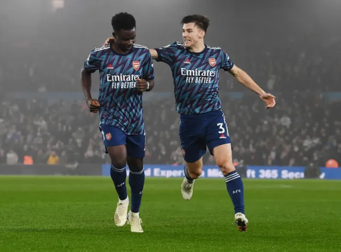 Framed Print : Saka and Tierney Celebrate Arsenal's Triumph Over Leeds United (2021-22) Framed Print : Saka and Tierney Celebrate Arsenal's Triumph Over Leeds United (2021-22)