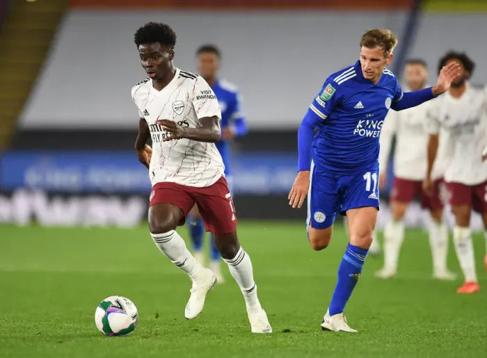 Framed Print : Saka vs Albrighton: A Football Showdown at The King Power Stadium - Carabao Cup 2020-21