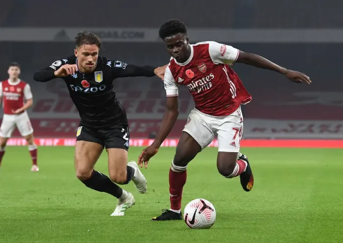 Framed Print : Saka vs. Cash: A Footballing Battle in Arsenal vs. Aston Villa Framed Print : Saka vs. Cash: A Footballing Battle in Arsenal vs. Aston Villa