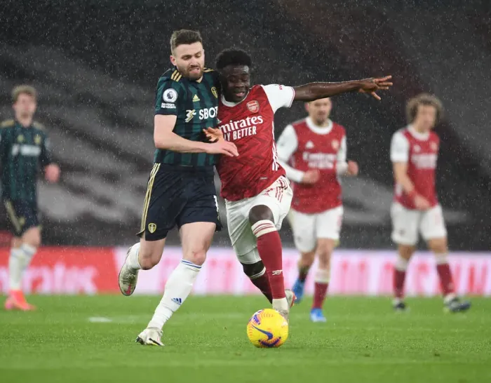 Framed Print : Saka vs. Dallas: Intense Face-Off in Arsenal vs. Leeds United Clash