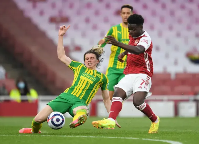 Framed Print : Saka vs. Gallagher: Empty Emirates Battle - Arsenal vs. West Bromwich Albion (2020-21)
