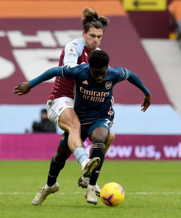 Framed Print : Saka vs Grealish: Intense Battle in Aston Villa vs Arsenal Premier League Clash