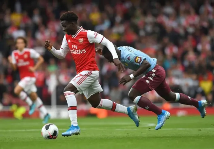 Framed Print : Saka vs. Nakamba: Intense Face-Off in Arsenal's Battle Against Aston Villa Framed Print : Saka vs. Nakamba: Intense Face-Off in Arsenal's Battle Against Aston Villa