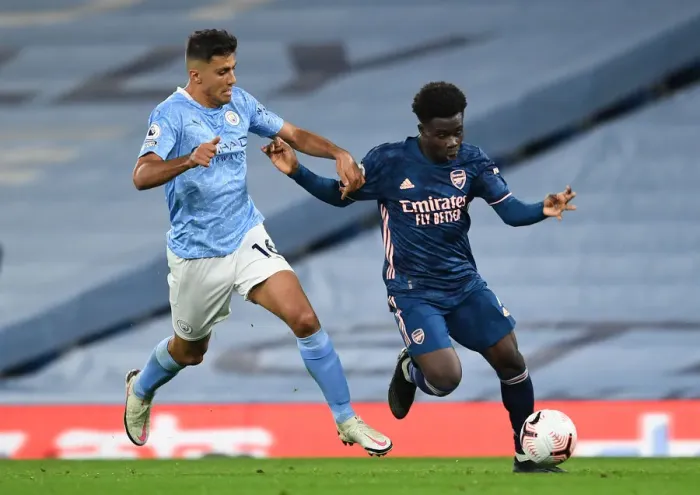 Framed Print : Saka vs Rodrigo: A Premier League Battle at Etihad Stadium (2020-21) Framed Print : Saka vs Rodrigo: A Premier League Battle at Etihad Stadium (2020-21)