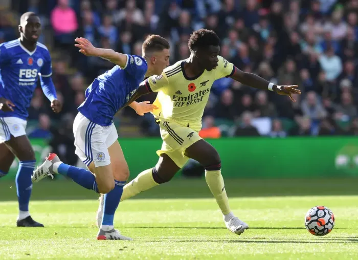 Framed Print : Saka vs Thomas: A Premier League Battle at The King Power Stadium - Arsenal vs Leicester City, 2021-22 Framed Print : Saka vs Thomas: A Premier League Battle at The King Power Stadium - Arsenal vs Leicester City, 2021-22