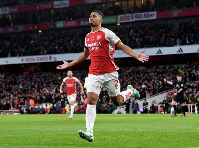 Framed Print : Saliba Strikes: Arsenal Takes 2-0 Lead Against Burnley (2023-24) Framed Print : Saliba Strikes: Arsenal Takes 2-0 Lead Against Burnley (2023-24)