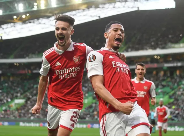 Framed Print : Saliba and Vieira's Historic First Goal: Arsenal's Europa League Victory Against Sporting Lisbon