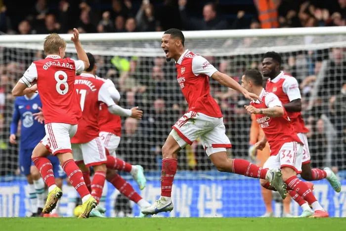 Framed Print : Saliba's Stunner: Arsenal's Thrilling Premier League Victory at Stamford Bridge (2022-23)