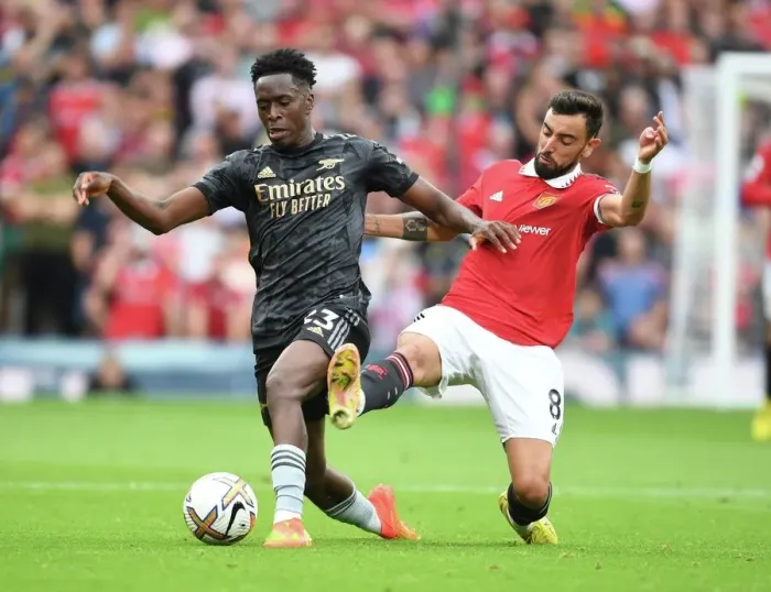 Framed Print : Sambi of Arsenal Evades Bruno Fernandes: Manchester United vs Arsenal FC, Premier League 2022-23