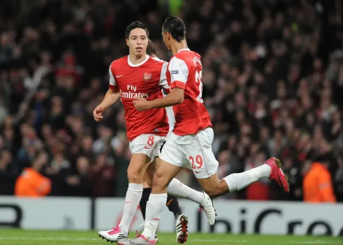 Framed Print : Sami Nasri and Marouane Chamakh: Celebrating Arsenal's 5-1 Victory Over Shakhtar Donetsk in the Champions League