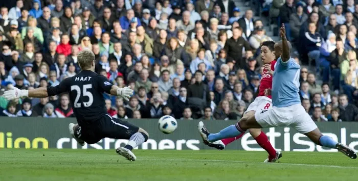 Framed Print : Sami Nasri shoots past Man City goalkeeper Joe Hart to score the 1st Arsenal goal Framed Print : Sami Nasri shoots past Man City goalkeeper Joe Hart to score the 1st Arsenal goal