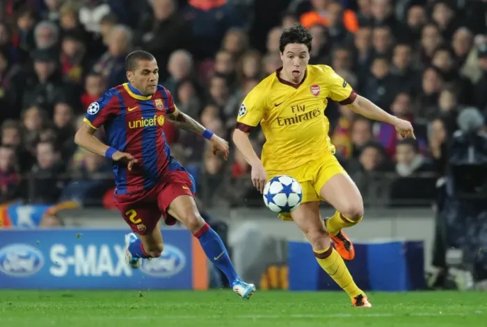 Framed Print : Samir Nasri (Arsenal) Daniel Alves (Barcelona). Barcelona 3: 1 Arsenal. UEFA Champions League