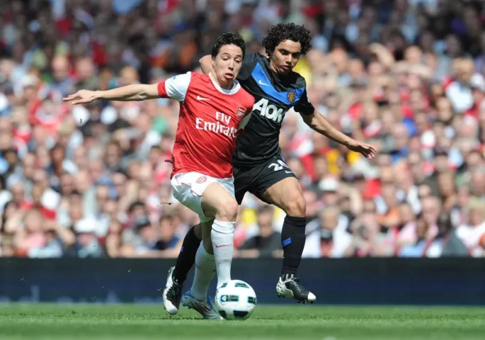 Framed Print : Samir Nasri (Arsenal) Fabio (Man United). Arsenal 1: 0 Manchester United