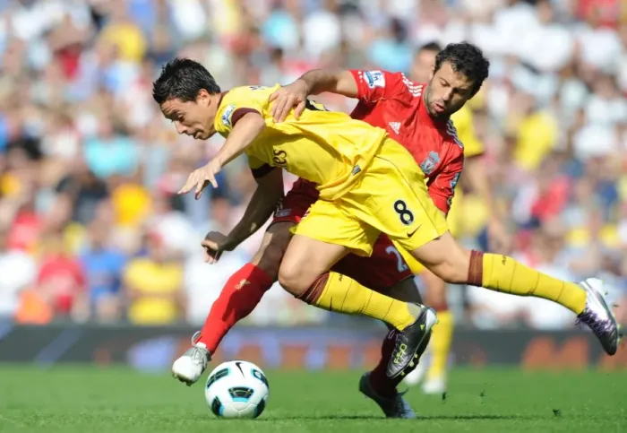 Framed Print : Samir Nasri (Arsenal) Javier Mascherano (Liverpool). Liverpool 1: 1 Arsenal