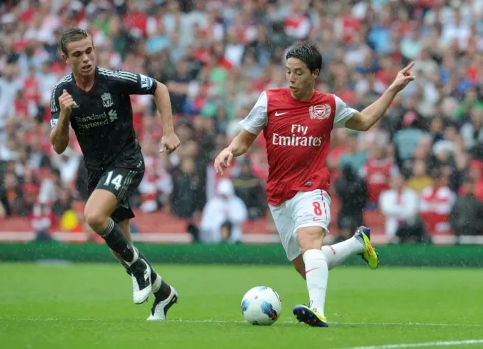 Framed Print : Samir Nasri (Arsenal) Jordan Henderson (Liverpool). Arsenal 0: 2 Liverpool