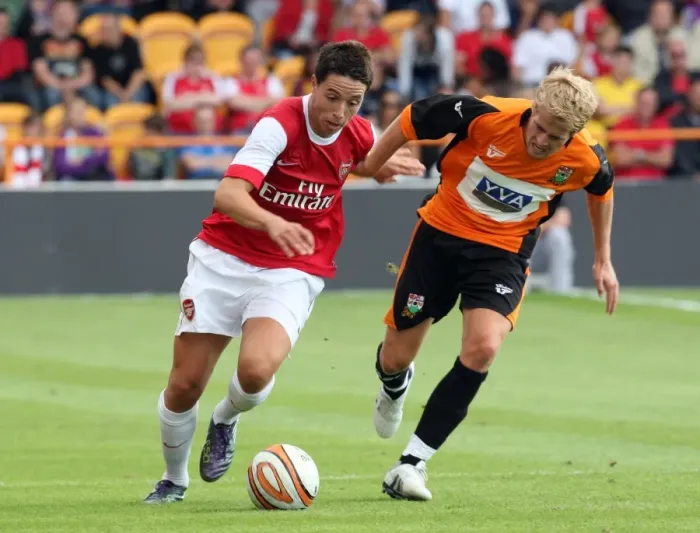 Framed Print : Samir Nasri (Arsenal) Jordan Parkes (Barnet). Barnet 0: 4 Arsenal. Pre Season Friendly Framed Print : Samir Nasri (Arsenal) Jordan Parkes (Barnet). Barnet 0: 4 Arsenal. Pre Season Friendly