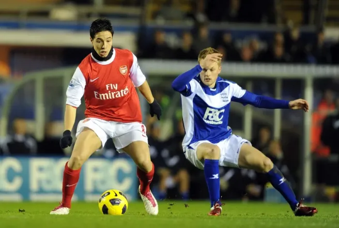 Framed Print : Samir Nasri (Arsenal) Sebastian Larsson (Birmingham). Birmingham City 0: 3 Arsenal