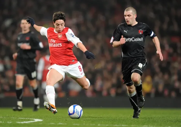 Framed Print : Samir Nasri (Arsenal) Stephen Dawson (Orient). Arsenal 5: 0 Leyton Orient