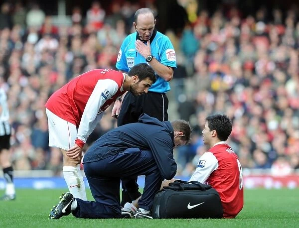 Samir Nasri (Arsenal) is treated by physio Colin Lewin as Cesc Fabregas