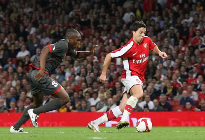 Framed Print : Samir Nasri breaks past Edson Braafheid to score the 1st Arsenal goal Framed Print : Samir Nasri breaks past Edson Braafheid to score the 1st Arsenal goal