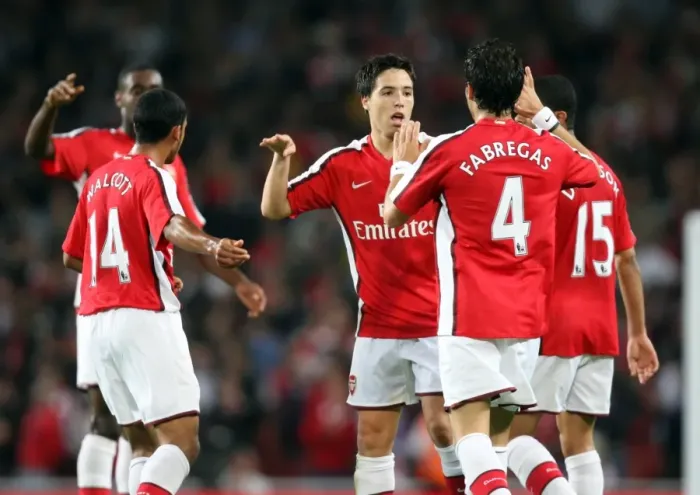 Framed Print : Samir Nasri celebrates scoring Arsenals 1st goal with Cesc Fabregas