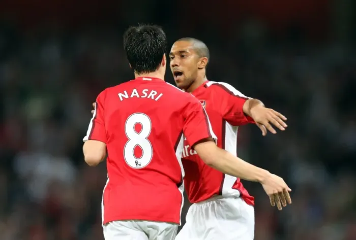 Framed Print : Samir Nasri celebrates scoring Arsenals 1st goal with Gael Clichy Framed Print : Samir Nasri celebrates scoring Arsenals 1st goal with Gael Clichy