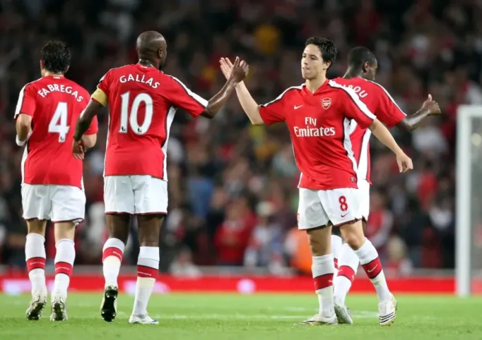 Framed Print : Samir Nasri celebrates scoring Arsenals 1st goal with William Gallas Framed Print : Samir Nasri celebrates scoring Arsenals 1st goal with William Gallas