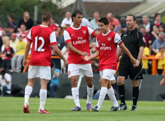 Framed Print : Samir Nasri celebrates scoring Arsenals 4th goal with Marouane Chamakh