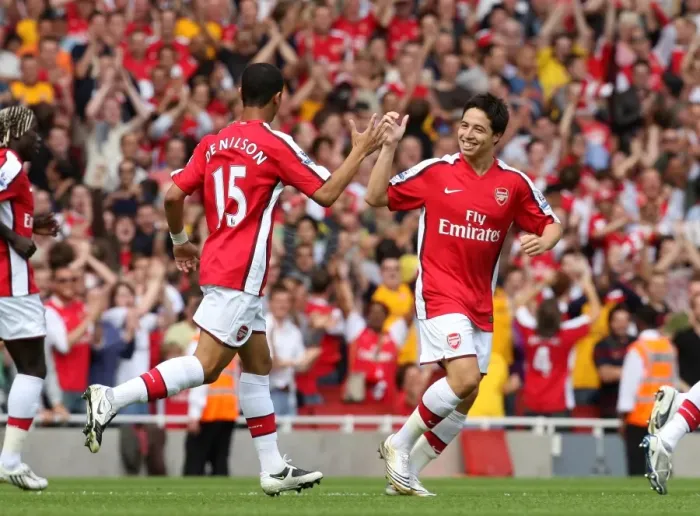 Framed Print : Samir Nasri celebrates scoring Arsenals goal with Denilson Framed Print : Samir Nasri celebrates scoring Arsenals goal with Denilson