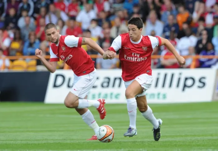 Framed Print : Samir Nasri and Henri Lansbury (Arsenal). Barnet 0: 4 Arsenal, Pre season friendly Framed Print : Samir Nasri and Henri Lansbury (Arsenal). Barnet 0: 4 Arsenal, Pre season friendly
