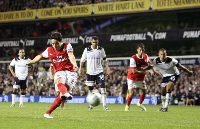 Framed Print : Samir Nasri scores Arsenals 2nd goal from the penalty spot, his 1st goal