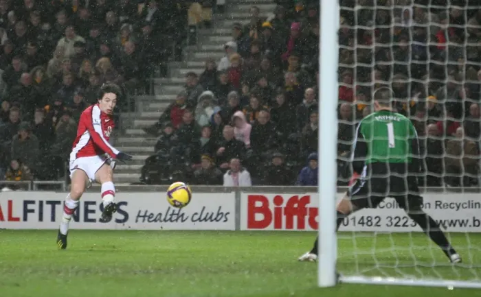 Framed Print : Samir Nasri shoots past Boaz Myhill to score the 2nd Arsenal goal Framed Print : Samir Nasri shoots past Boaz Myhill to score the 2nd Arsenal goal