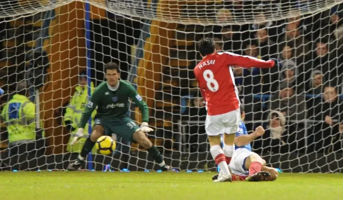 Framed Print : Samir Nasri shoots past Portsmouth goalkeeper Asmir Begovic to score the 2nd Arsenal goal Framed Print : Samir Nasri shoots past Portsmouth goalkeeper Asmir Begovic to score the 2nd Arsenal goal