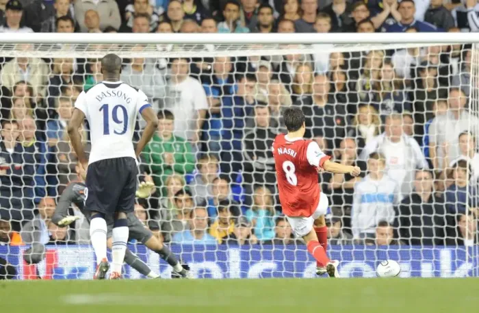 Framed Print : Samir Nasri shoots past Tottenham goalkeeper Stiope Pletikosa to score the 3rd Arsenal goal