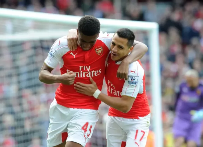 Framed Print : Sanchez and Iwobi's Glorious Goal Celebration: Arsenal's Unforgettable Moment vs. Watford (2016)