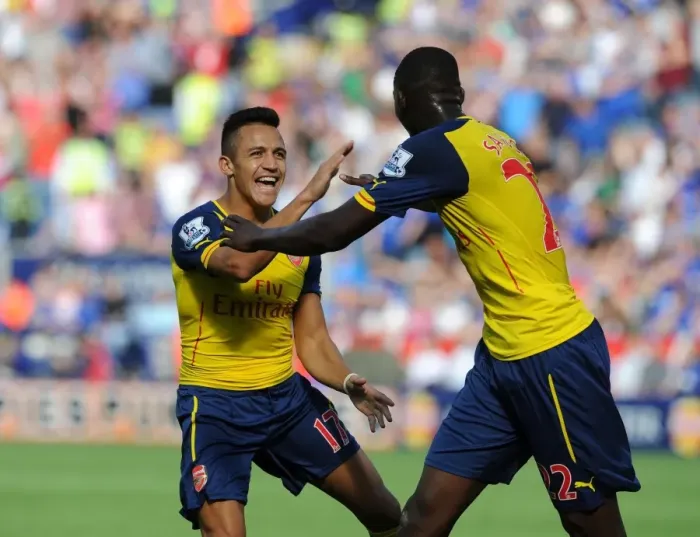 Framed Print : Sanchez and Sanogo: Arsenal's Unstoppable Duo Celebrates Goal Against Leicester City (2014-15) Framed Print : Sanchez and Sanogo: Arsenal's Unstoppable Duo Celebrates Goal Against Leicester City (2014-15)