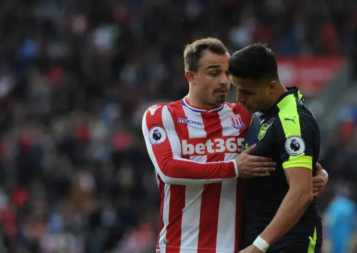 Framed Print : Sanchez and Shaqiri: A Moment of Respite Amidst Stoke vs. Arsenal Rivalry (2016-17) Framed Print : Sanchez and Shaqiri: A Moment of Respite Amidst Stoke vs. Arsenal Rivalry (2016-17)
