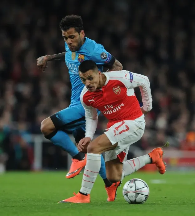 Framed Print : Sanchez vs. Alves: A Champions League Showdown - Arsenal's Alexis vs. Barcelona's Daniel Alves (2015 / 16) Framed Print : Sanchez vs. Alves: A Champions League Showdown - Arsenal's Alexis vs. Barcelona's Daniel Alves (2015 / 16)