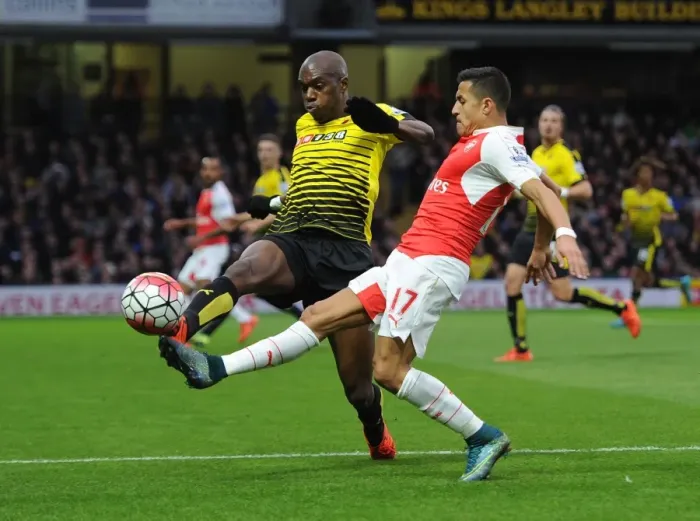 Framed Print : Sanchez vs. Nyom: A Premier League Battle at Vicarage Road