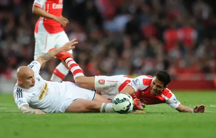 Framed Print : Sanchez vs. Shelvey: Foul Play in Arsenal vs. Swansea Clash (2015) Framed Print : Sanchez vs. Shelvey: Foul Play in Arsenal vs. Swansea Clash (2015)